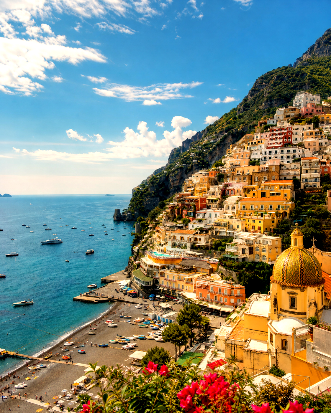 Amalfi Coast golden-hour cliffside β Positano coastal village perched above the Tyrrhenian Sea